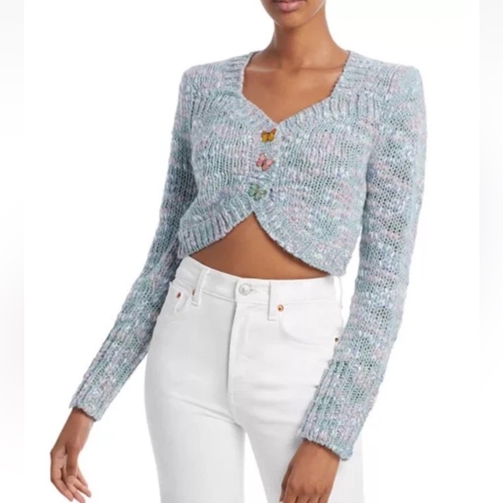 LoveShackFancy Saundria Butterfly Button Cropped Sweater Cardigan XS Boucle Knit